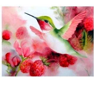 Humming Bird with Red Flower ภาพครอสติสคริสตัลแบบติดเต็มแผ่น