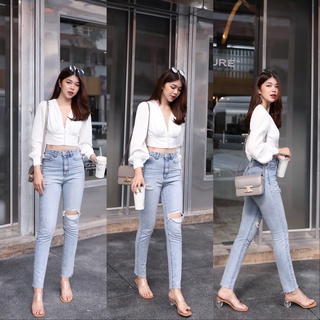 N213 HIGH RISE SLIM BOYFRIEND JEANS ยีนส์ทรงบอยสลิม เอวสูงปิดสะดือ ปลายขาตัดเปลือย