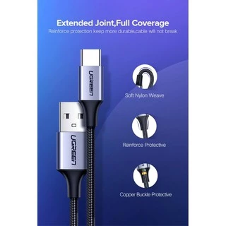 Ugreen สายชาร์จ USB-C 3A แอมป์ ชนิดไนลอน QC 3.0 S20/Note 20/S10/S9/S8, Xiaomi, รุ่น US288