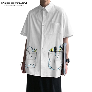 Incerun เสื้อเชิ้ตแขนสั้นติดกระดุมพิมพ์ลายสไตล์เกาหลีสําหรับผู้ชาย