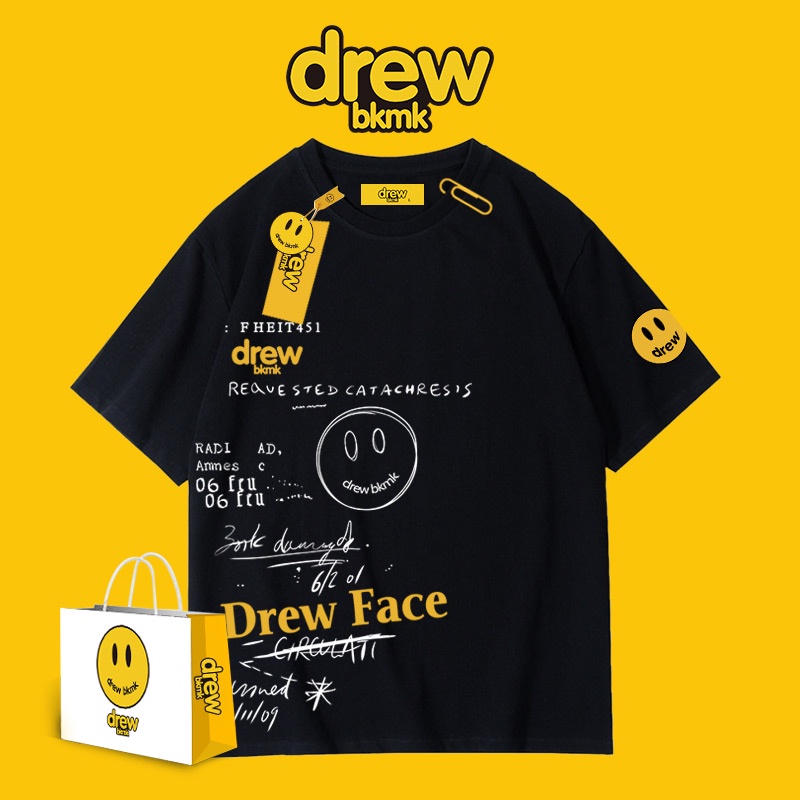 Smiling Face เสื้อยืดลําลองสําหรับผู้ชายแขนสั้นคอกลมพิมพ์ลายตัวอักษร Ins Red Same สไตล์ฮิปฮอป