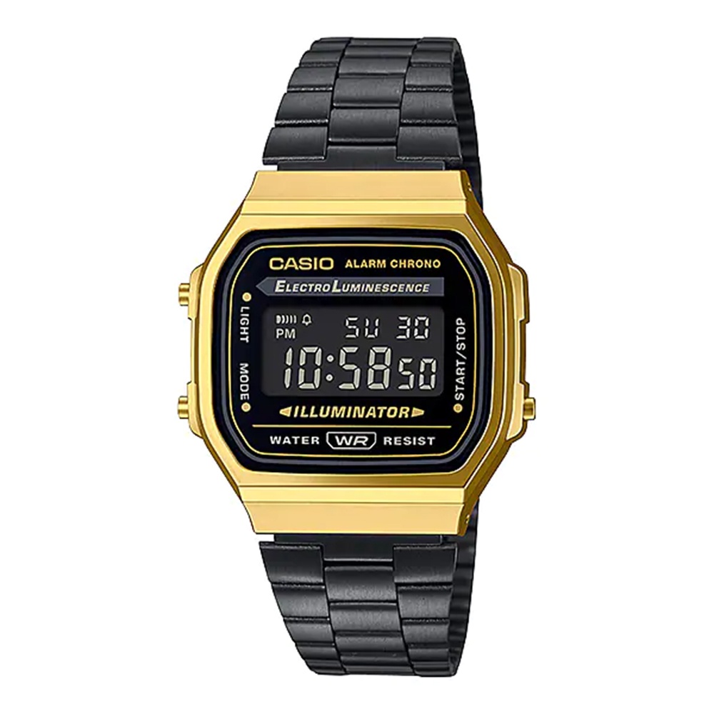 Casio Standard นาฬิกาข้อมือผู้ชาย สายสแตนเลส รุ่น A168WEGB,A168WEGB-1B,A168WEGB-1BDF - สีดำ/ทอง