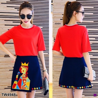 TwinsShopVip💗พร้อมส่ง TW4948 เซ็ทเสื้อยืด+กระโปรงปักลายไพ่