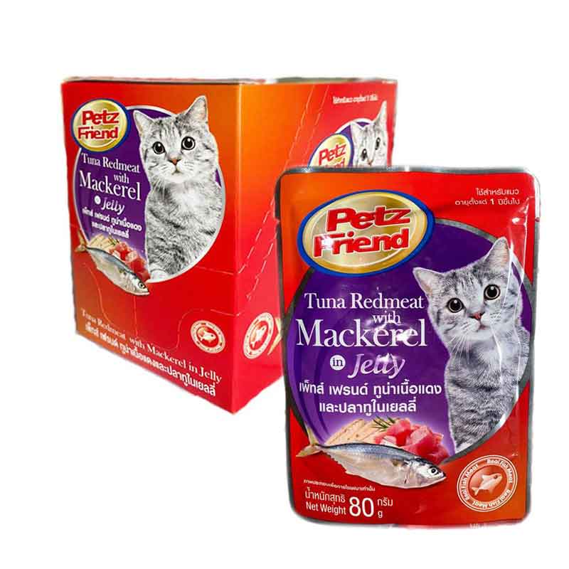 เพ็ทส์เฟรนด์ เพาซ์ทูน่าและปลาทู 80 กรัม X 12 ซอง อาหารแมว Petz Friend Tuna & Mackerel 80 g x 12