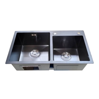 Kitchen sink,stainless steelซิงค์ล้างจาน 2 หลุม(แบบฝัง)สแตนเลส 201 ซิงค์สีดำ+สะดือ+ชุดน้ำทิ้ง+ตะแกรงชั้นวางSKB-344