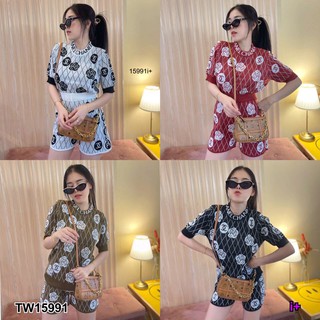 PP15991 set 2 ชื้น เสื้อไหมพรมทอลาย + กางเกงไหมพรมขาสั้น