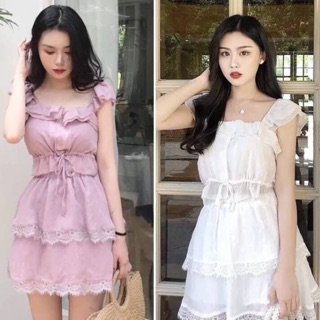 Fashion Set เสื้อระบายแขนและอก กระดุมหน้ามีเชือกรูดเข้าทรง มาคู่กระโปรงสั้น