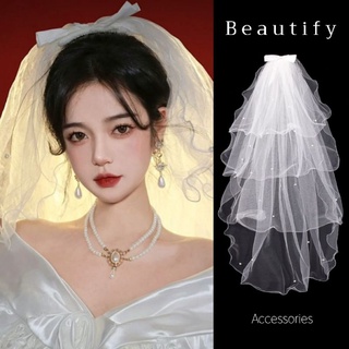 ✨👰พร้อมส่ง!! เวลเจ้าสาวดีไซน์สวยประดับโบว์ริบบิ้นหวีเสียบผม