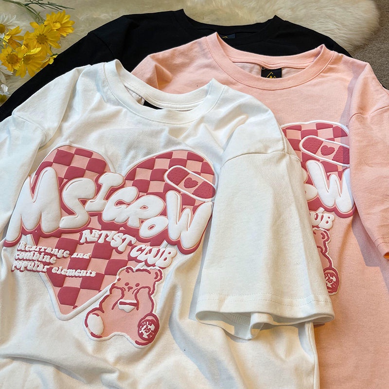 เสื้อรักผู้หญิงน่ารัก Oversize เสื้อโอเวอร์ไซส์แขนสั้นสีขาว เสื้อยืดวินเทจลายการ์ตูนสตรีท ความรักสีชมพู