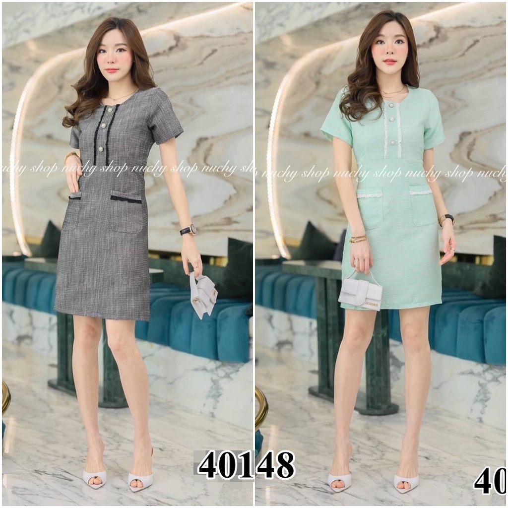 40148 เดรสผ้าทวีต ทรงคอกลม พร้อมระบายชีฟองช่วงตัวบน และกระเป๋าแต่งด้านหน้าใช้งานได้จริง ชุดทำงานบายเ