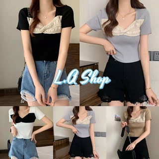 L.A Shop ​พร้อมส่ง เสื้อไหมพรมแขนสั้น คอวี ผ้าร่องผ้านิ่มใส่สบายน่ารัก "86013-1" -N