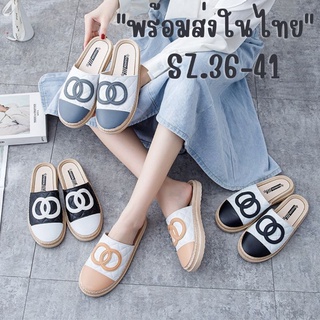 รองเท้าแตะผู้หญิง รองเท้าแฟขั่นแบบสวม รองเท้าหน้าcc รองเท้าเปิดส้น size36-41