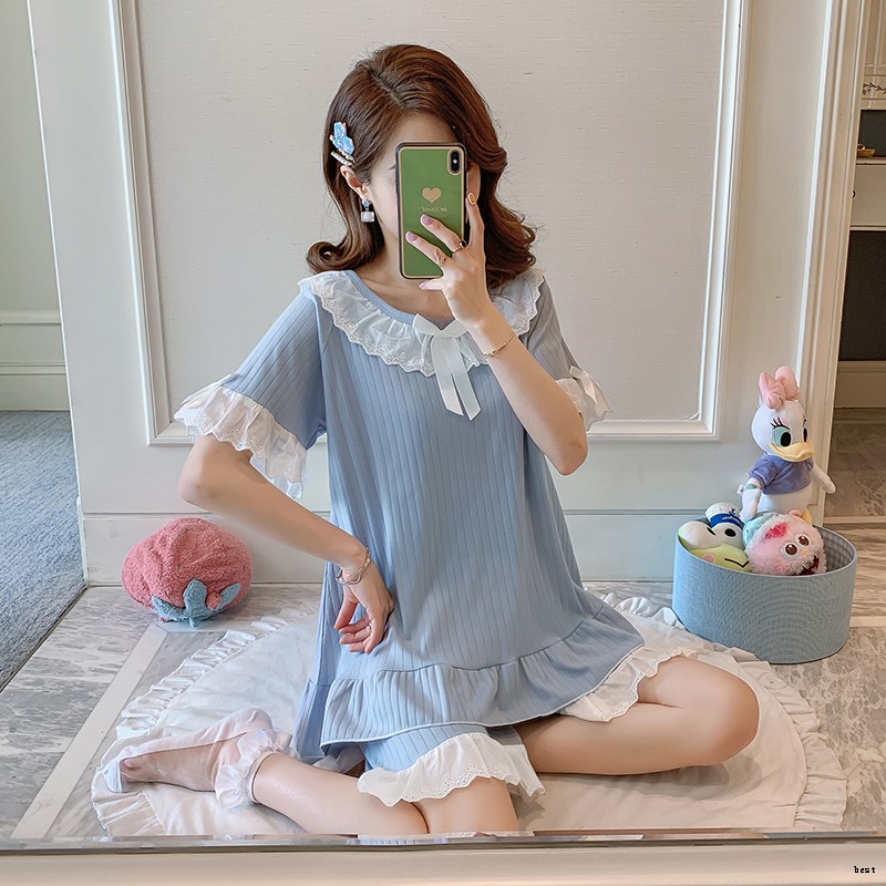 ชุดนอนแขนสั้น ผ้าฝ้าย แบบบาง แต่งลูกไม้น่ารัก แฟชั่นฤดูร้อน สไตล์เจ้า ...