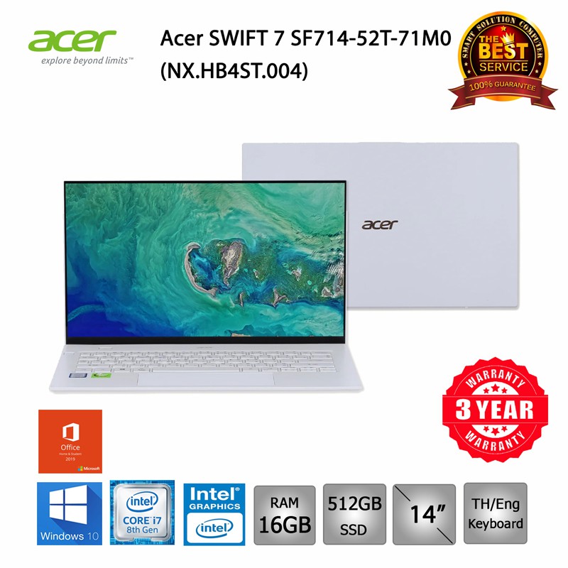 [โค้ดลด 599 + ส่งฟรี] Acer swift 7 SF714-52T-71M0 i7-8500Y/16GB/512GB SSD/GRAPHICS 615/14/Win10+Office2019 (White)