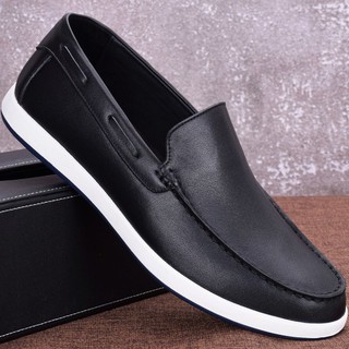 卐♣℡Peas shoes spring and autumn leather soft surface soft sole men s shoes สไตล์เกาหลี เทรนด์ชั้นเดียวขี้เกียจรองเท้าขับ