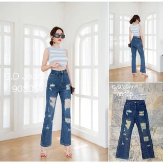 G.D.Jeans รุ่น  90305#กางเกงยีนส์ขายาวผ้าด้านเอวสูงทรงกระบอกใหญ่แต่งสะกิดขาดเซอร์ๆ