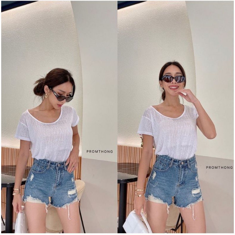 🔥พร้อมส่ง🔥PROMTHONG (พรมทอง) กางเกงยีนส์ขาสั้น เอวสูง