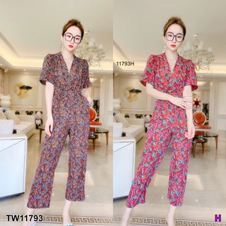 J11793 Jumpsuit จั๊มสูท ปกสูท ขายาว ลายกราฟฟิก + เข็มขัด