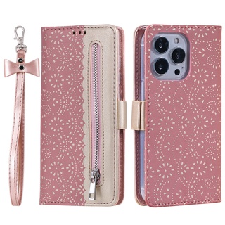 เคสโทรศัพท์หนัง PU TPU ฝาพับแม่เหล็ก พร้อมช่องใส่บัตร และสายคล้องข้อมือ สําหรับ iPhone 13 Mini 14 Pro Max 14 Plus