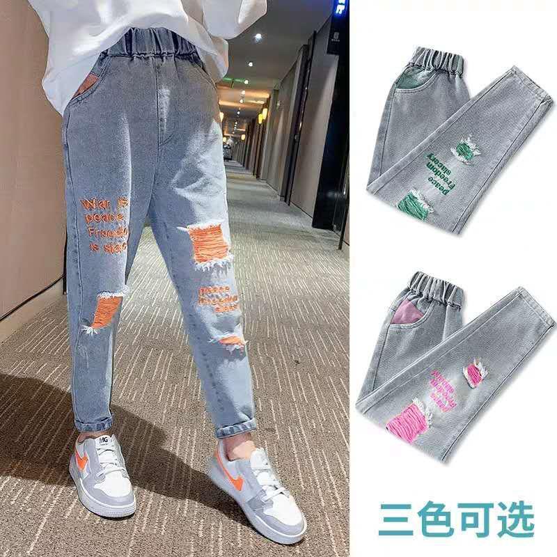 Jeans กางเกงยีนส์เด็กผู้หญิง ใหม่ เกาหลี เวอร์ชั่น ป่า หลวม หลวม ลำลอง สไตล์ตะวันตก รู บิ๊ก บอย ใส่ กางเกงยีนส์