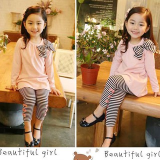 *พร้อมส่ง* ชุดเสื้อกางเกงขายาว ติดโบว์น่ารักๆ สไตล์เกาหลี