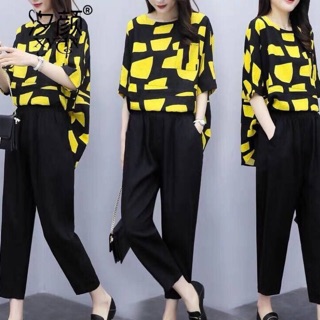 Fashion Set เสื้อทรงโอเวอร์ไซสื หน้าสั้น หลังยาว ผ้าลินิน พิมลายกราฟฟิก