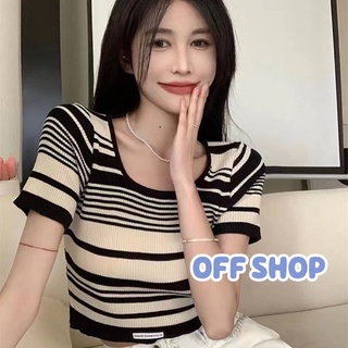 OFF SHOP พร้อมส่ง (OFF-DX-7998) เสื้อครอปไหมพรมแขนสั้น ลายทางน่ารักใส่สบาย