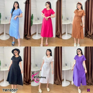 18597 แม็กซี่เดรส ยาว งานผ้าทอลายสีพื้น ผ่าหน้า long maxi dress Woven fabric, plain color pattern, front cut