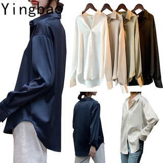 Yingbao เสื้อเชิ้ตแขนยาว ผ้าซาติน ผ้าไหม ทรงหลวม เรียบง่าย สไตล์นักธุรกิจ สําหรับผู้หญิง