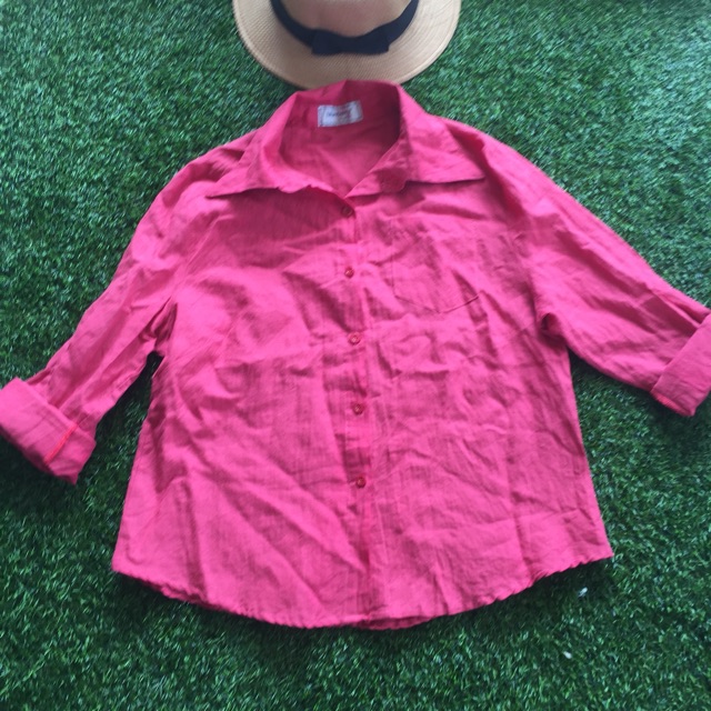 เสื้อเชิ๊ต สีชมภู แขนยาว ไซส์L ป้ายBLUEBERRY NIGHT ผ้าคล้ายลินิน มือ2 สภาพดี