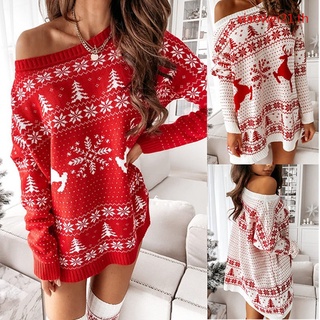 Womens   Knitted Sweater Top Womens Christmas Loose Knitted Long Sleeve Dress