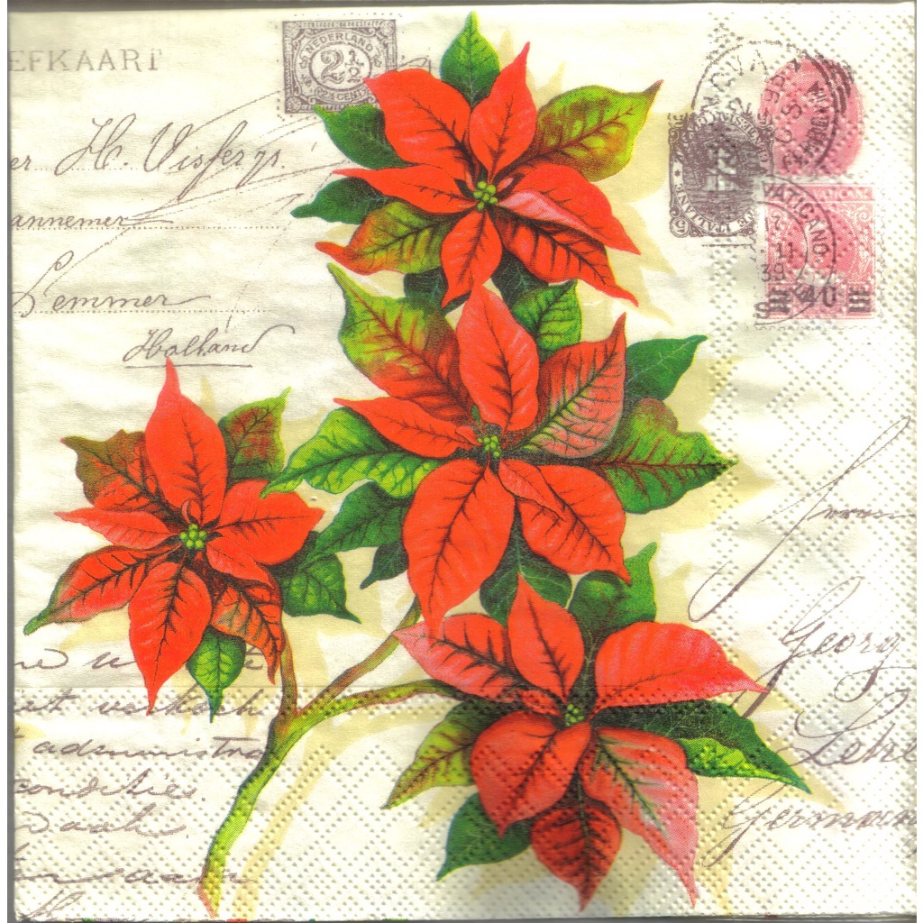 Pladao Napkin 1709 ภาพ คริสต์มาส ดอก Christmas บนจดหมาย กระดาษ แนพกิ้น สำหรับงานศิลปะ เดคูพาจ decoupage ขนาด L 33x33