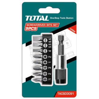 Total ดอกไขควง ปากแบน + ปากแฉก 9 ตัวชุด รุ่น TACSD3091 ( Screwdriver Bit Set ) ชุดดอกไขควง พร้อมที่จับดอกไขควง