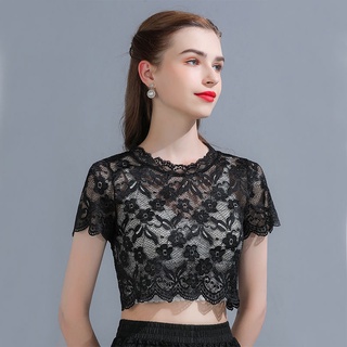 {พร้อมส่ง} เสื้อลูกไม้ครึ่งตัว คอต่ํา แขนสั้น ป้องกันแสงสะท้อน สไตล์ตะวันตก สําหรับผู้หญิง