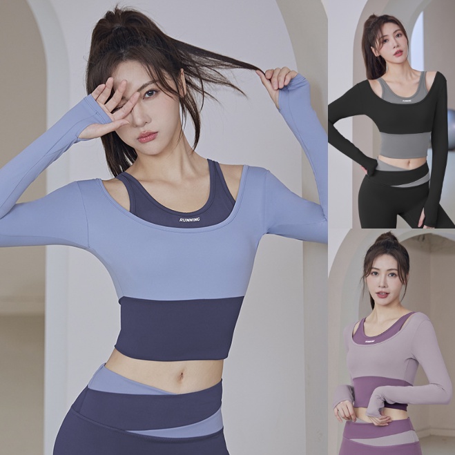 ใหม่ (YOGA-629) เสื้อออกกำลังกายผู้หญิง เสื้อครอปโยคะแขนยาว เสื้อบราแขนยาว แบบ 2 ชั้น สีทูโทน
