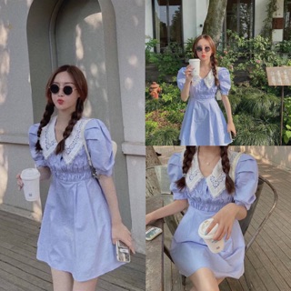 มิติเดรส‼️พร้อมส่ง 🇰🇷N e w w w w w -งานนำเข้า พร้อมส่ง- Sky lace collar dress มินิเดรสสีฟ้า โทนสวย ดีเทลคอปกแต่ง