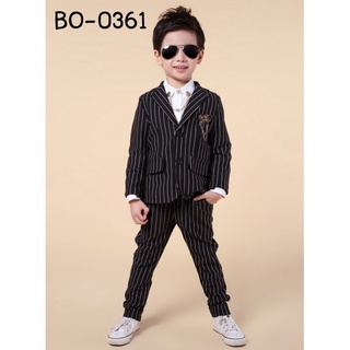 [เซ็ต 2 ชิ้น] ชุดสูทเด็กผู้ชายออกงาน เสื้อสูทสีดำลายทาง + กางเกงลายทางสีดำ BO0361