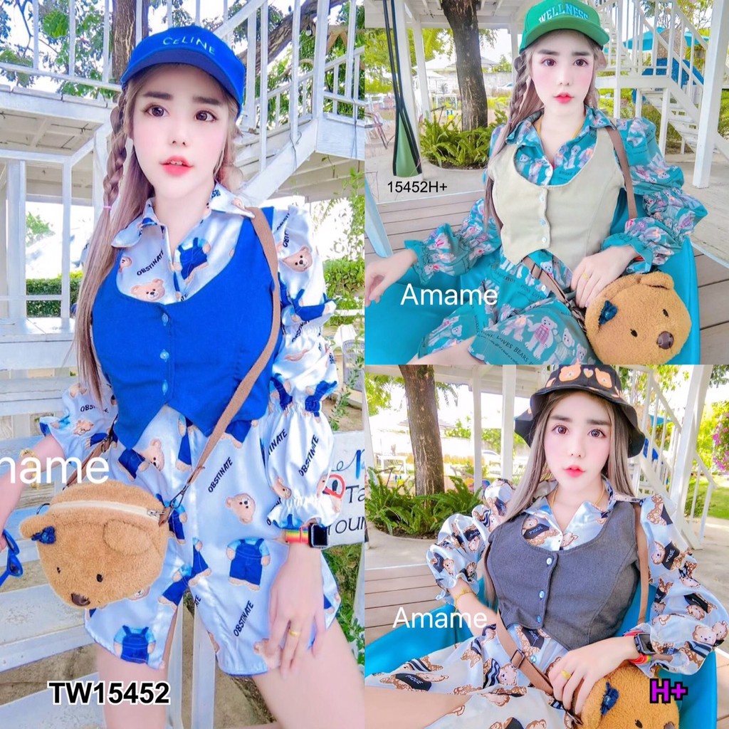 GN15452 **รบกวนสอบถามstockก่อนสั่งซื้อจ้า** เดรสเชิ้ตมีแขนยาวสม็อค + เสื้อกั๊ก