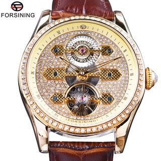 Forsining 2017 Fashion Diamond Tourbillion Display Brown Genuine Leather Water Resist Men Watch Top Brand Luxury Automat