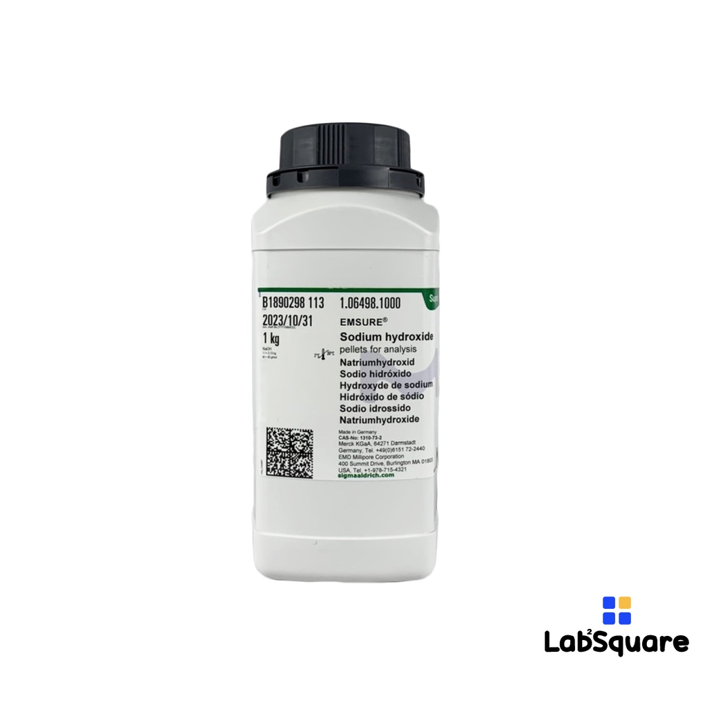 Sodium Hydroxide โซเดียมไฮดรอกไซด์ (โซดาไฟ) 99.99% ขนาด 1KG สำหรับงานวิเคราะห์ ยี่ห้อ Merck #106498