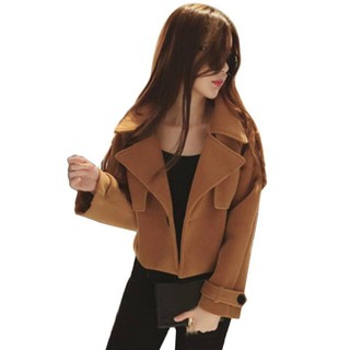 เจ็คเก็ตหนานุ่ม  สีน้ำตาล เก๋   มี สไตล์  พร้อมส่ง  Womens Fashion Casual Long Sleeve Lapel Coat Short Woolen Overcoat