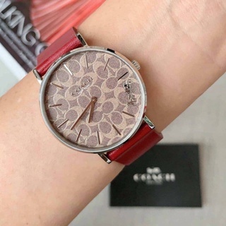 (ผ่อน0%) นาฬิกา Coach 14503474 งานshop ขนาดปัด 36 mm Womens Perry Red Leather Strap สายหนังแท้ สีแดง หน้าปัดลายซี