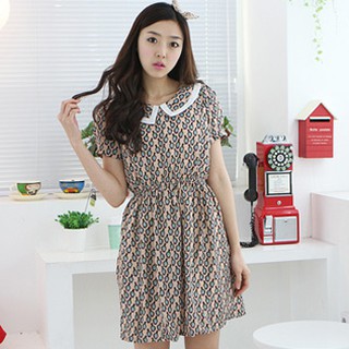 FA2SHOP รุ่น DQ-01-004 เดรสแขนสั้น เอวจั๊มลายนกทั้งตัว
