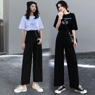 ชุดเสื้อยืด กางเกงขากว้าง ผ้าฝ้าย สไตล์เกาหลี มินิมอล แฟชั่นฤดูร้อน สําหรับนักเรียนผู้หญิง จํานวน 2 ชิ้น