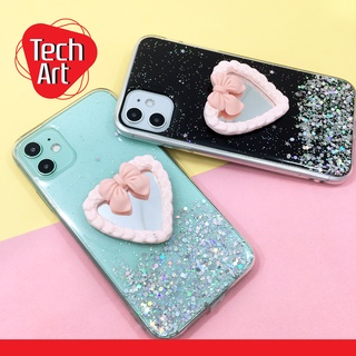 Oppo A5/A9(2020) A53 A96 F9 F11 Pro Reno 5 เคสมือถือ TPU เคลือบเจลกาก เพชรกริตเตอร์ไล่สี ติดกระจกรูปหัวใจผูกโบว์