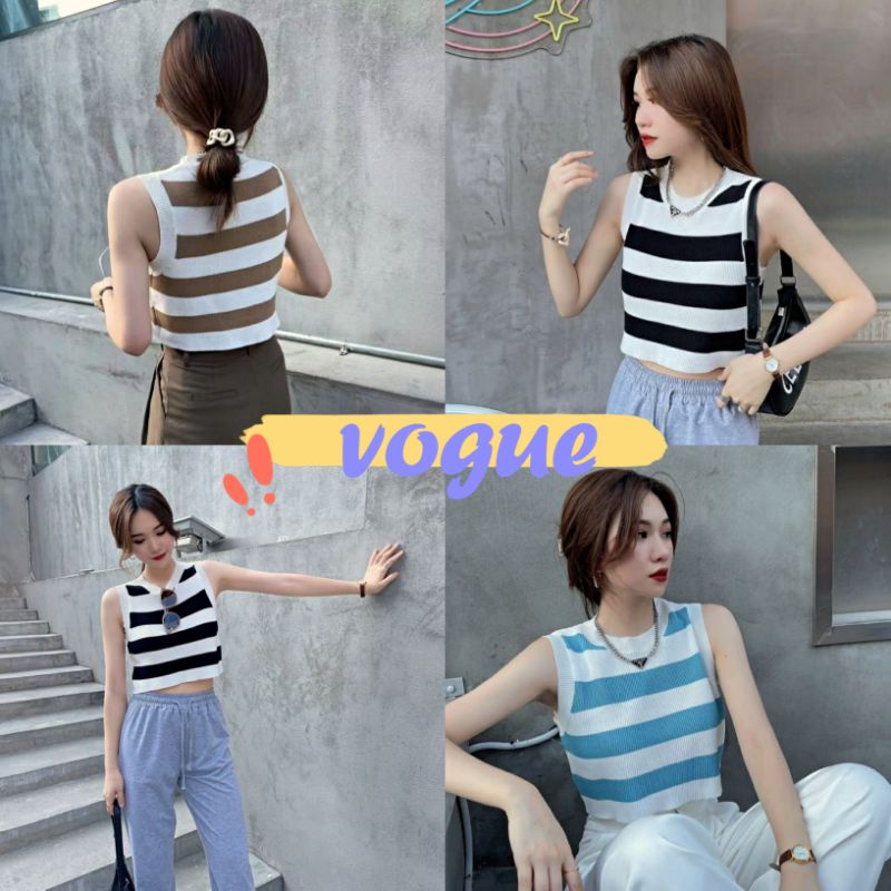 Vogue🌟พร้อมส่ง🌟  เสื้อกล้ามไหมพรม ทรงครอปสั้น ดีเทลลายทางน่ารักเรียบๆแต่เท่ (A482)