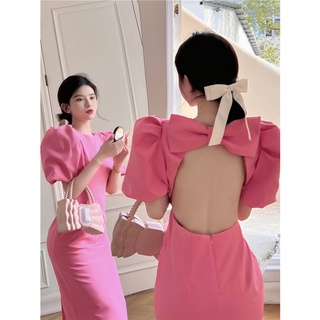 HS-9123 พร้อมส่ง เดรสยาว เดรสเปิดหลัง เดรสแต่งโบว์ เดรสสีชมพู เดรสออกงาน เดรสน่ารัก เดรสเซ็กซี่ Dress เดรสทรงเอ