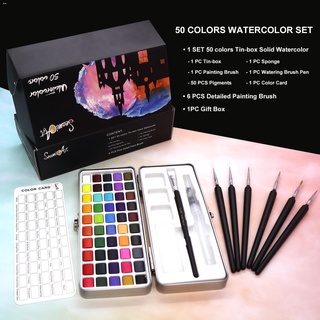 Seamiart ชุดสีน้ำ แบบเนื้อแข็ง 50 สี พร้อมพู่กันระบายสีน้ำ 6 ชิ้น เหมาะสำหรับเป็นของขวัญ