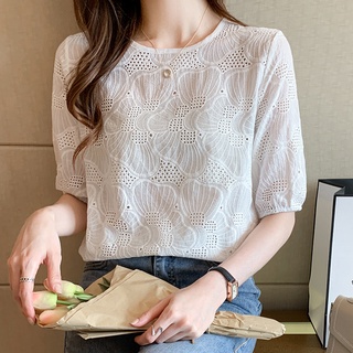 เสื้อเชิ้ต คอกลม แขนสั้น ผ้าฝ้าย ปักลายฉลุลาย สําหรับผู้หญิง