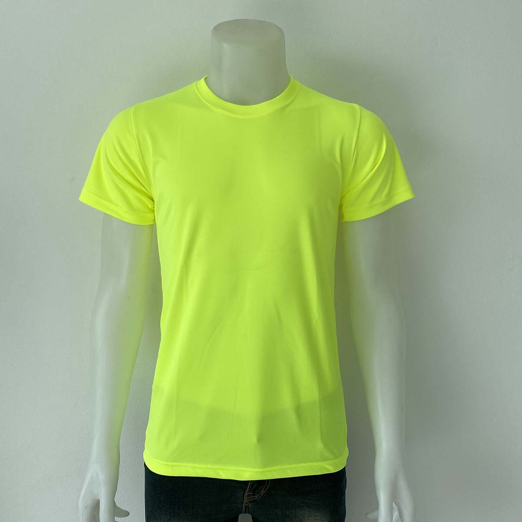 เสื้อกีฬาคอกลม สีเขียวนีออน เนื้อผ้า Micro หน้าเรียบ สวมใส่ได้ทั้งชาย หญิง และเด็ก มีบริการส่งเก็บเงินปลายทาง